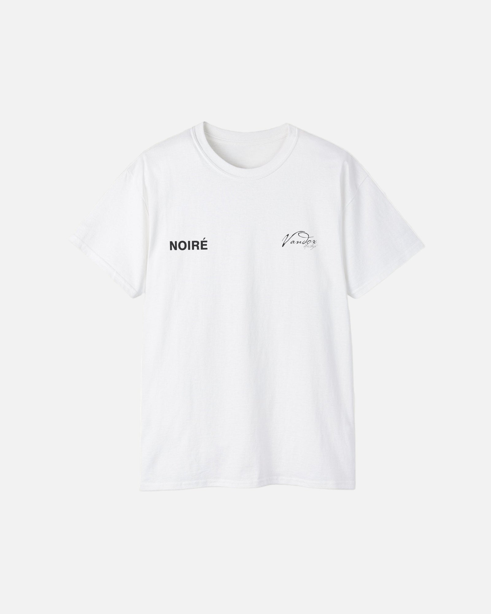 Front view of Eggshell White Noiré Heritage T-Shirt by Vandox with white “NOIRÉ” and Heritage script logo. Starboy old money shirt tshirt clothes vandox sacrevandox vandox clothes vandox clothing