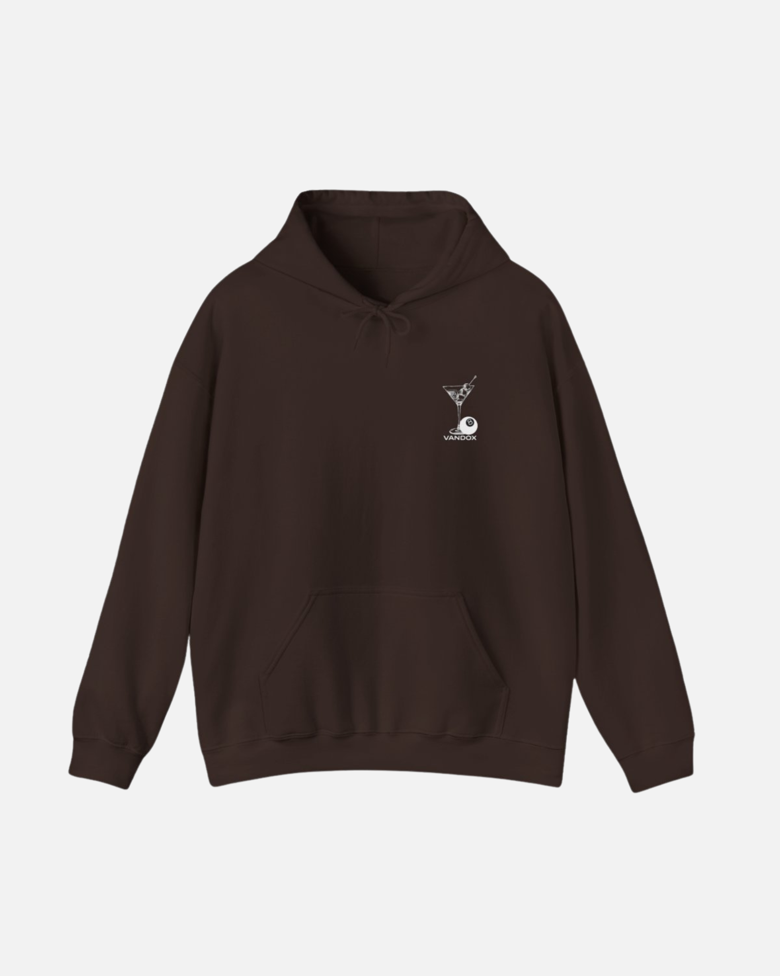Dark Chocolate Brown Vandox hoodie featuring embroidered martini glass and 8-ball graphic on front, and bold city name typography with "Fear of Being Average" text on back. Starboy old money hoodie sweatshirt clothes vandox sacrevandox vandox clothes vandox clothing