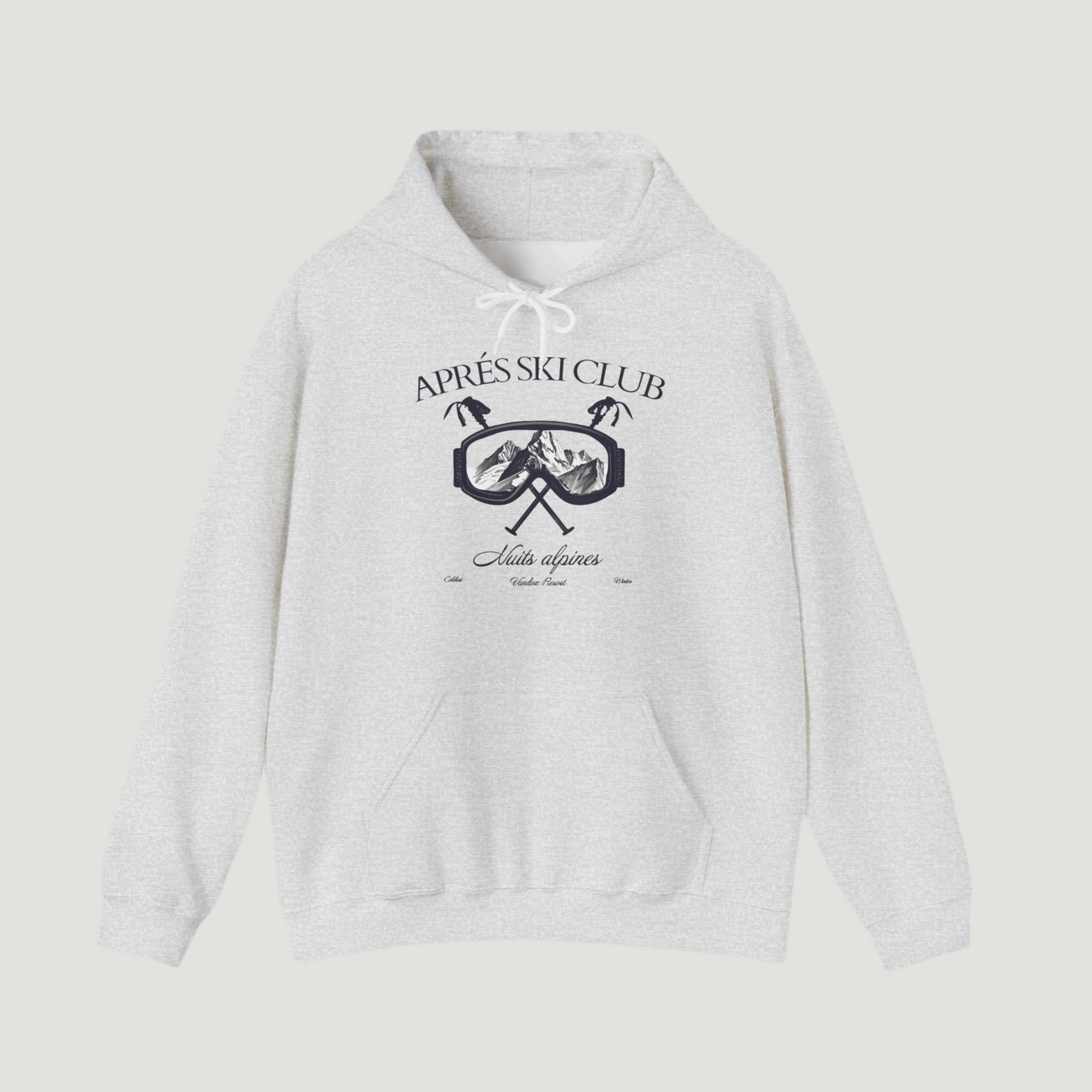 Front view of the ash sporty grey Ski Society Hoodie by Vandox with alpine ski goggle graphic and “Après Ski Club” text. Starboy old money hoodie sweatshirt clothes vandox sacrevandox vandox clothes vandox clothing