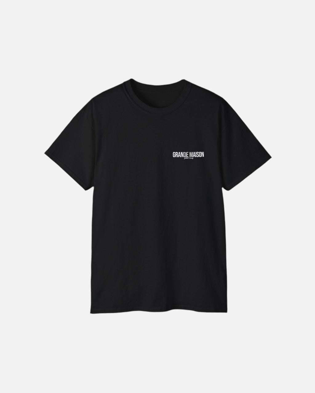 Front view of the deep black Grande Maison T-Shirt by Vandox with minimalist “Grande Maison” print. Starboy old money shirt tshirt clothes vandox sacrevandox vandox clothes vandox clothing