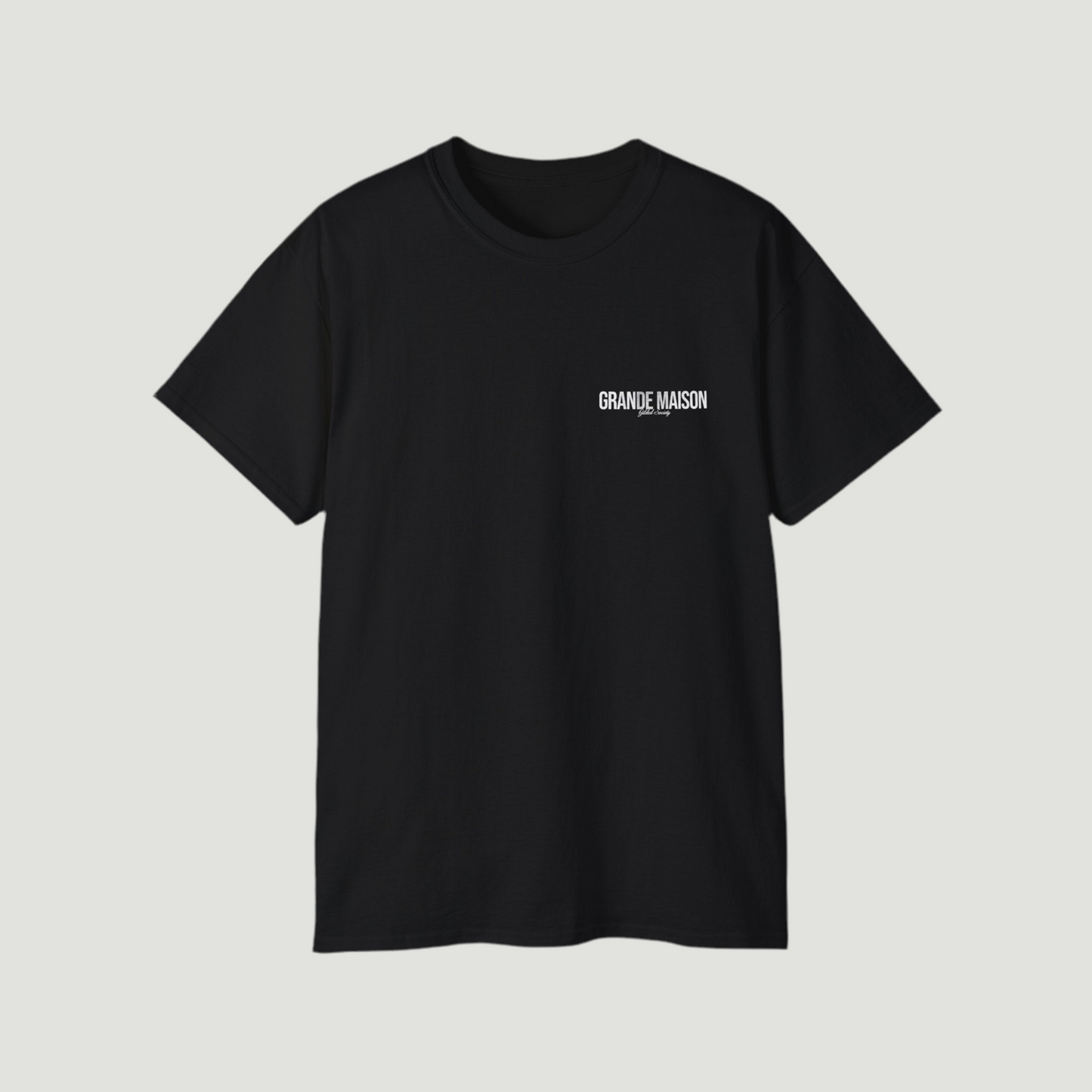 Front view of the deep black Grande Maison T-Shirt by Vandox with minimalist “Grande Maison” print. Starboy old money shirt tshirt clothes vandox sacrevandox vandox clothes vandox clothing