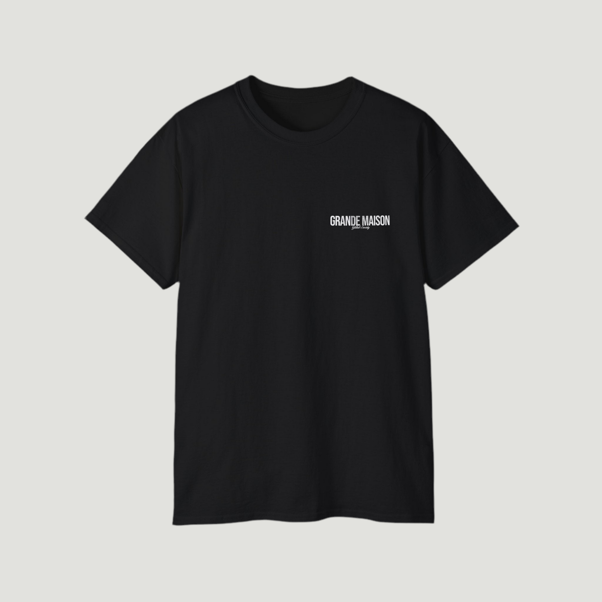 Front view of the deep black Grande Maison T-Shirt by Vandox with minimalist “Grande Maison” print. Starboy old money shirt tshirt clothes vandox sacrevandox vandox clothes vandox clothing
