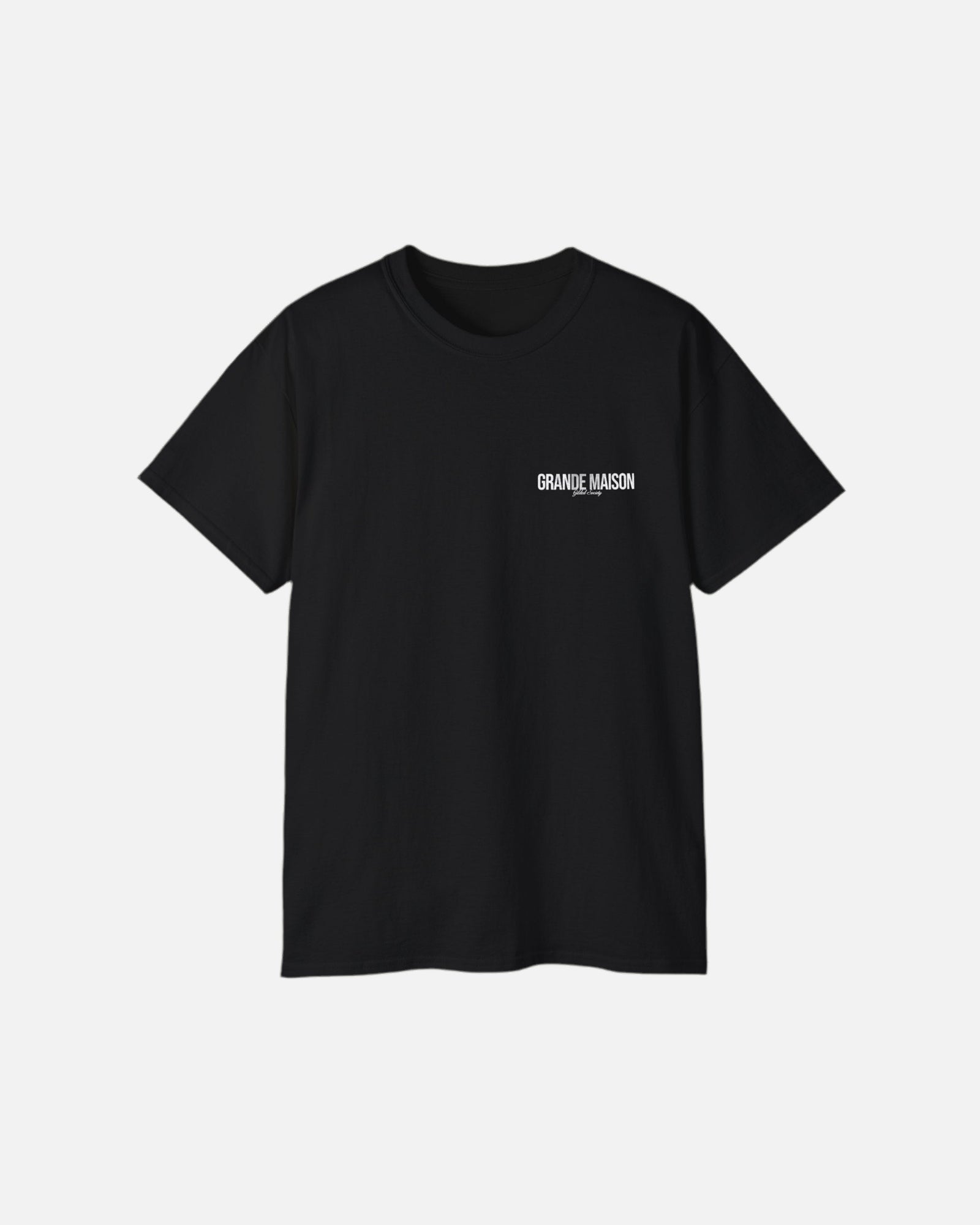 Front view of the deep black Grande Maison T-Shirt by Vandox with minimalist “Grande Maison” print. Starboy old money shirt tshirt clothes vandox sacrevandox vandox clothes vandox clothing