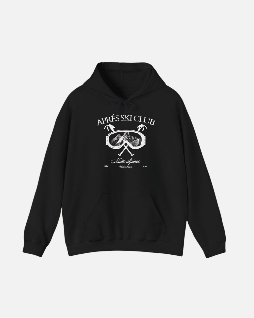 Front view of the deep black Ski Society Hoodie by Vandox with alpine ski goggle graphic and “Après Ski Club” text. Starboy old money hoodie sweatshirt clothes vandox sacrevandox vandox clothes vandox clothing
