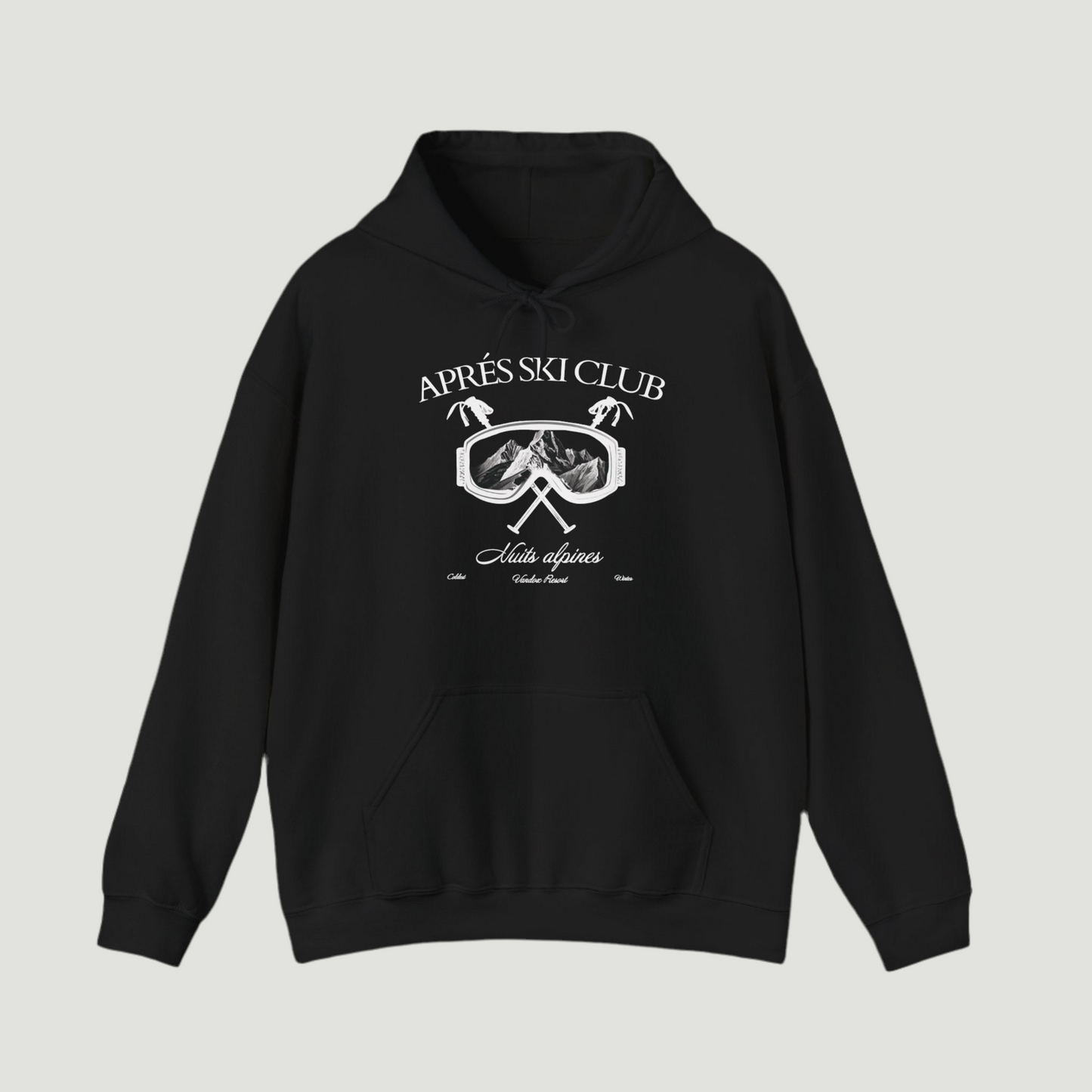 Front view of the deep black Ski Society Hoodie by Vandox with alpine ski goggle graphic and “Après Ski Club” text. Starboy old money hoodie sweatshirt clothes vandox sacrevandox vandox clothes vandox clothing