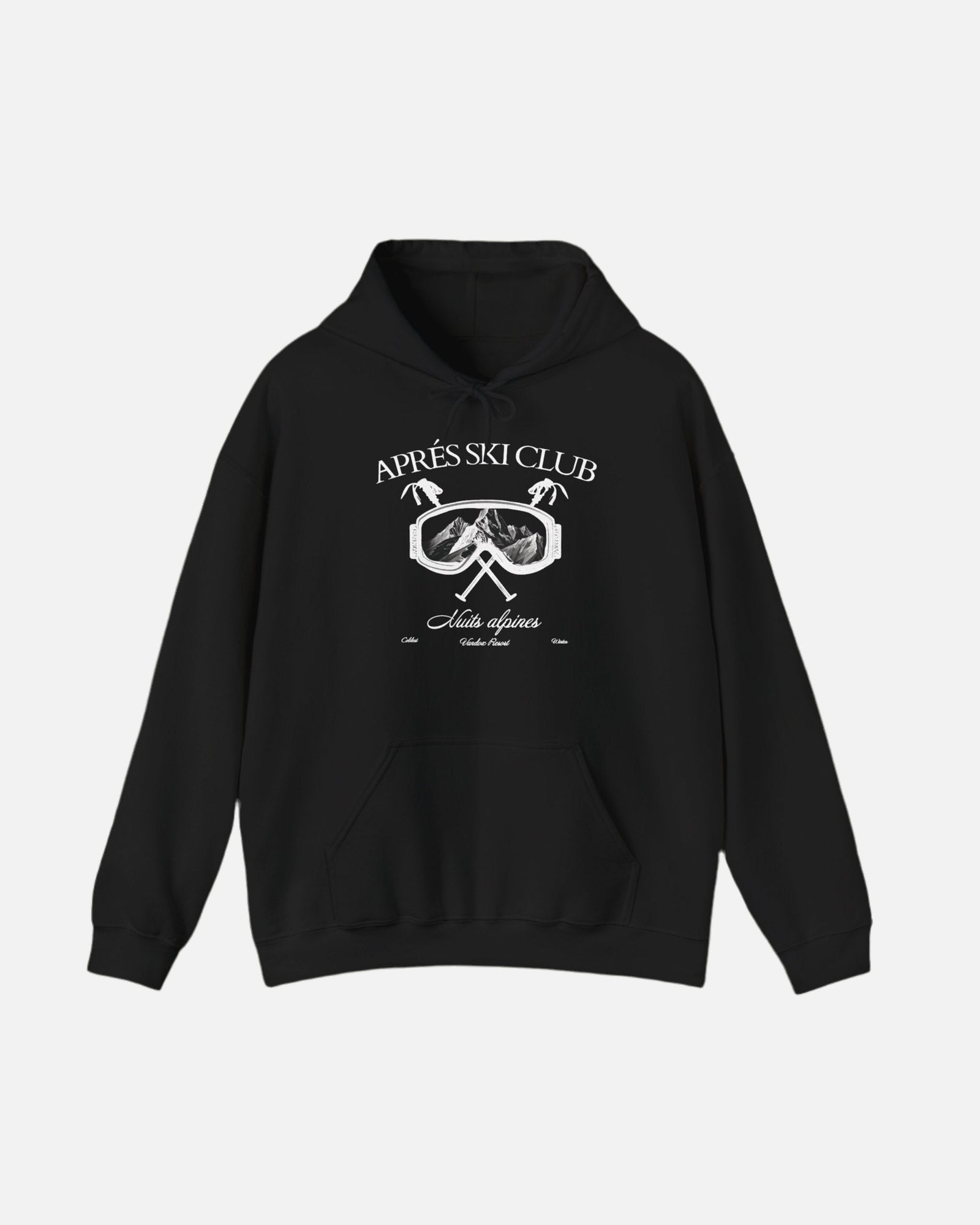 Front view of the deep black Ski Society Hoodie by Vandox with alpine ski goggle graphic and “Après Ski Club” text. Starboy old money hoodie sweatshirt clothes vandox sacrevandox vandox clothes vandox clothing