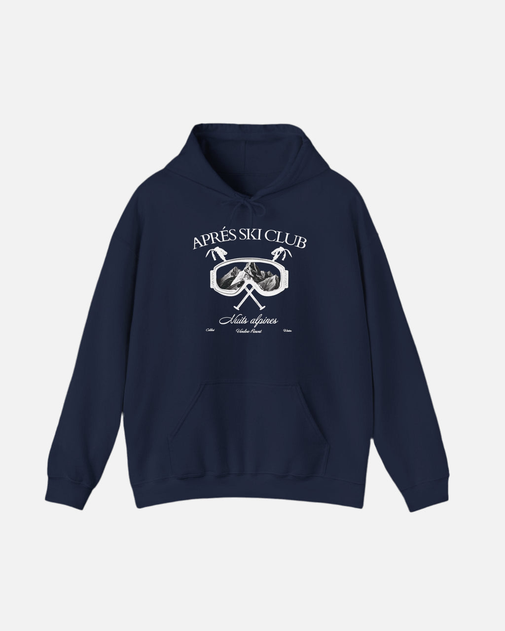 Front view of the deep dark blue navy Ski Society Hoodie by Vandox with alpine ski goggle graphic and “Après Ski Club” text. Starboy old money hoodie sweatshirt clothes vandox sacrevandox vandox clothes vandox clothing