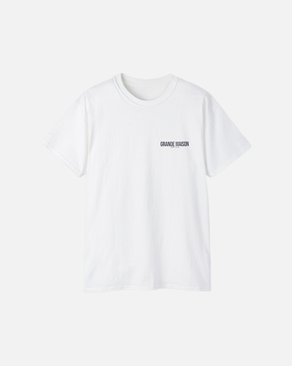Front view of the eggshell white Grande Maison T-Shirt by Vandox with minimalist “Grande Maison” print. Starboy old money shirt tshirt clothes vandox sacrevandox vandox clothes vandox clothing