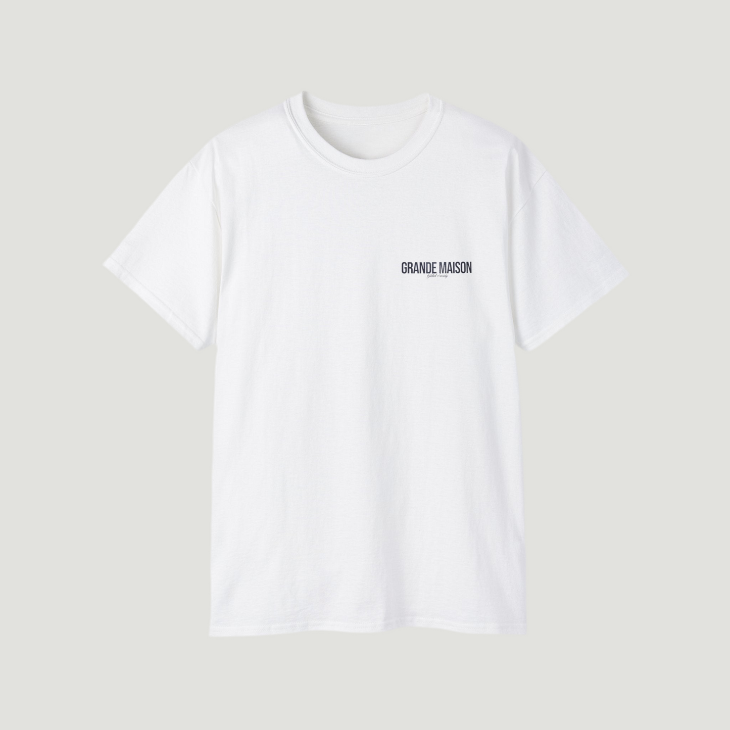 Front view of the eggshell white Grande Maison T-Shirt by Vandox with minimalist “Grande Maison” print. Starboy old money shirt tshirt clothes vandox sacrevandox vandox clothes vandox clothing