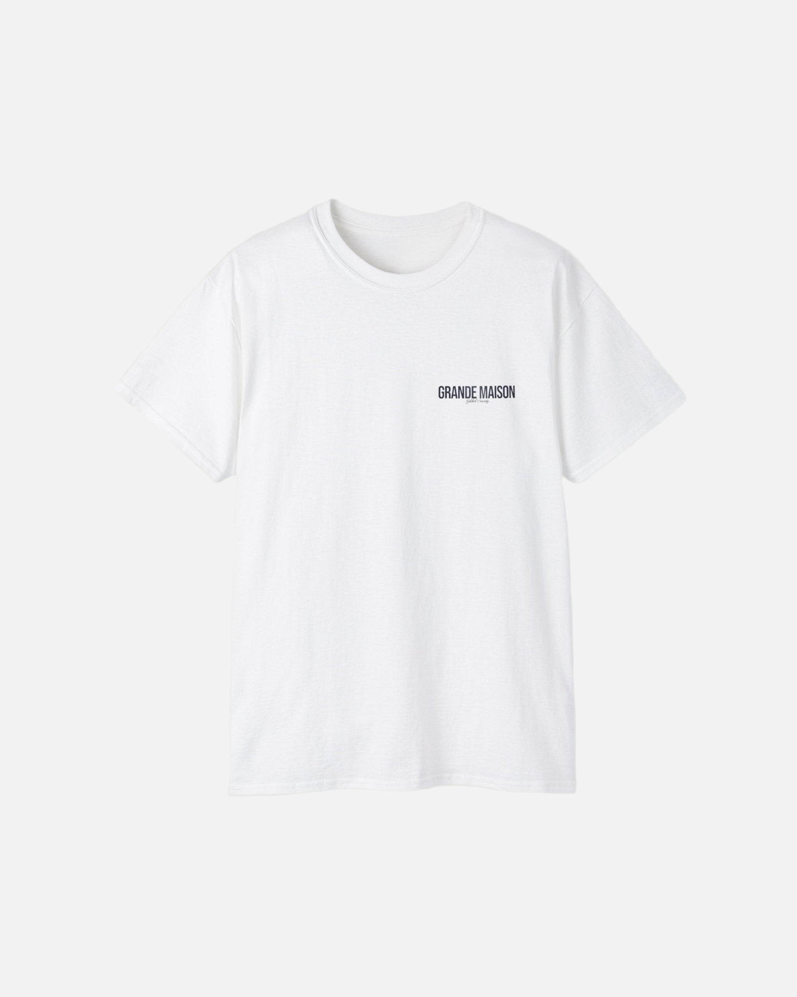 Front view of the eggshell white Grande Maison T-Shirt by Vandox with minimalist “Grande Maison” print. Starboy old money shirt tshirt clothes vandox sacrevandox vandox clothes vandox clothing