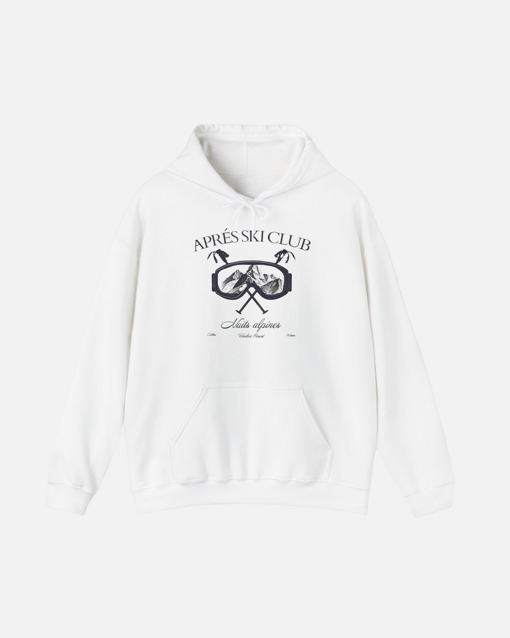 Front view of the eggshell white Ski Society Hoodie by Vandox with alpine ski goggle graphic and “Après Ski Club” text. Starboy old money hoodie sweatshirt clothes vandox sacrevandox vandox clothes vandox clothing