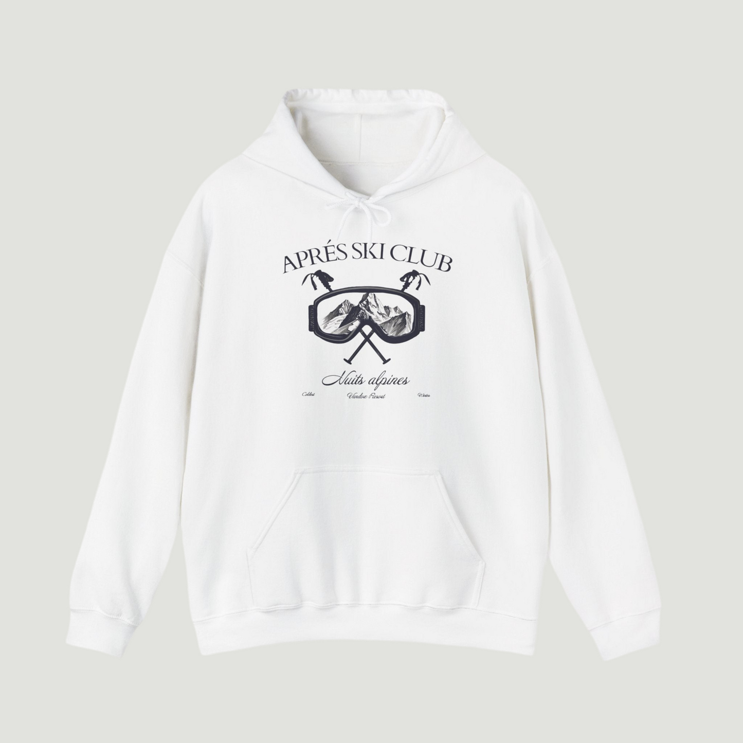 Front view of the eggshell white Ski Society Hoodie by Vandox with alpine ski goggle graphic and “Après Ski Club” text. Starboy old money hoodie sweatshirt clothes vandox sacrevandox vandox clothes vandox clothing