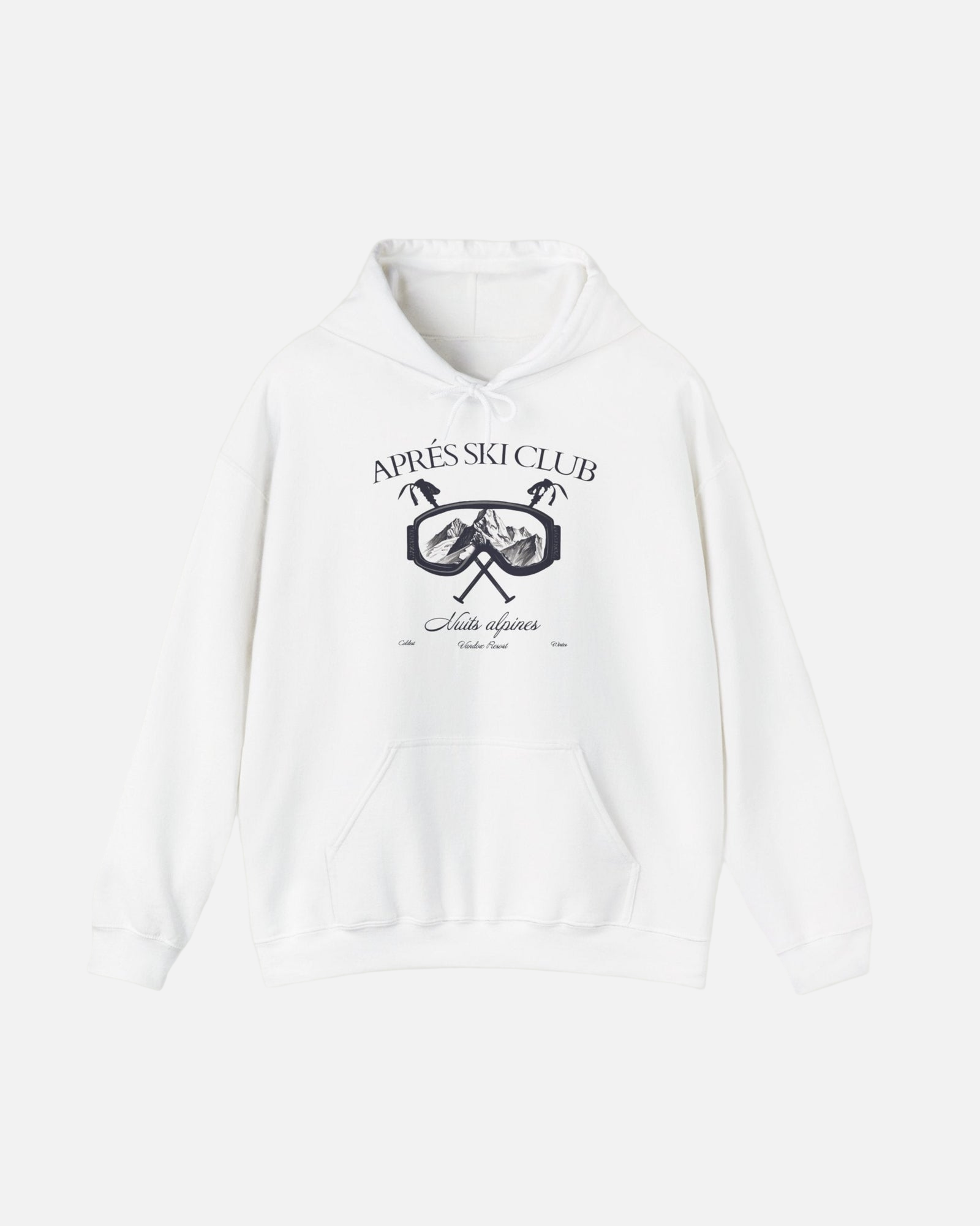 Front view of the eggshell white Ski Society Hoodie by Vandox with alpine ski goggle graphic and “Après Ski Club” text. Starboy old money hoodie sweatshirt clothes vandox sacrevandox vandox clothes vandox clothing
