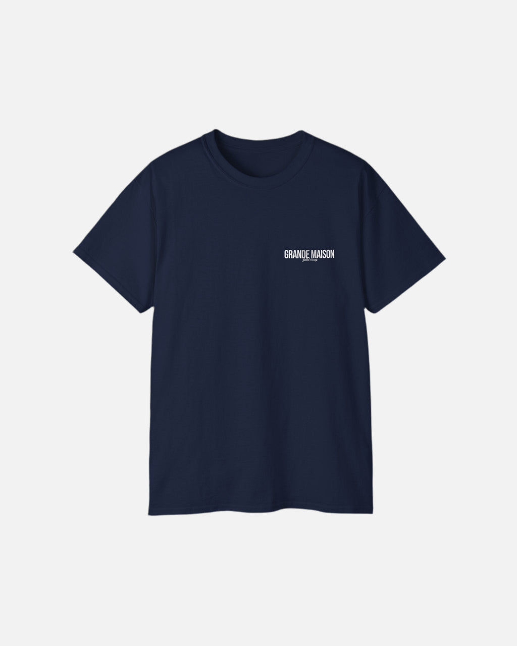 Front view of the deep dark blue navy Grande Maison T-Shirt by Vandox with minimalist “Grande Maison” print. Starboy old money shirt tshirt clothes vandox sacrevandox vandox clothes vandox clothing