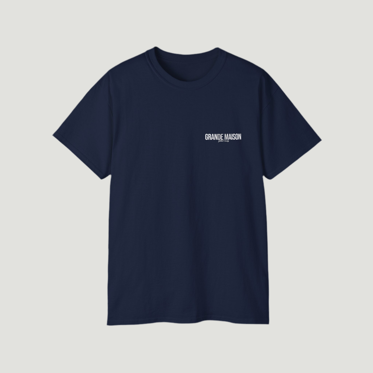 Front view of the deep dark blue navy Grande Maison T-Shirt by Vandox with minimalist “Grande Maison” print. Starboy old money shirt tshirt clothes vandox sacrevandox vandox clothes vandox clothing