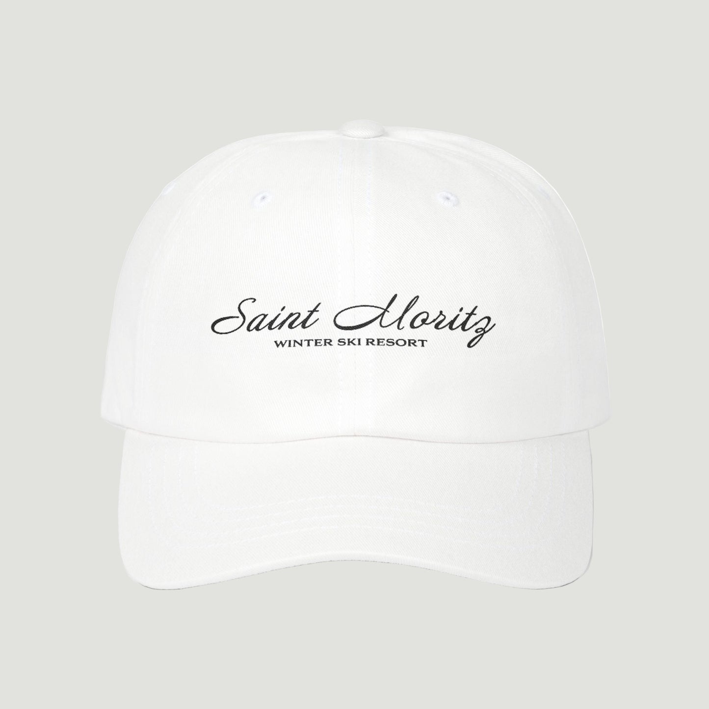 Front view of the eggshell white Vandox Alpine Summit Cap featuring embroidered "Saint Moritz Winter Ski Resort" text in elegant script. Hat Cap Baseball Cap Baseball Hat starboy hat old money hats vandox sacre vandox sacrevandox vandox clothing