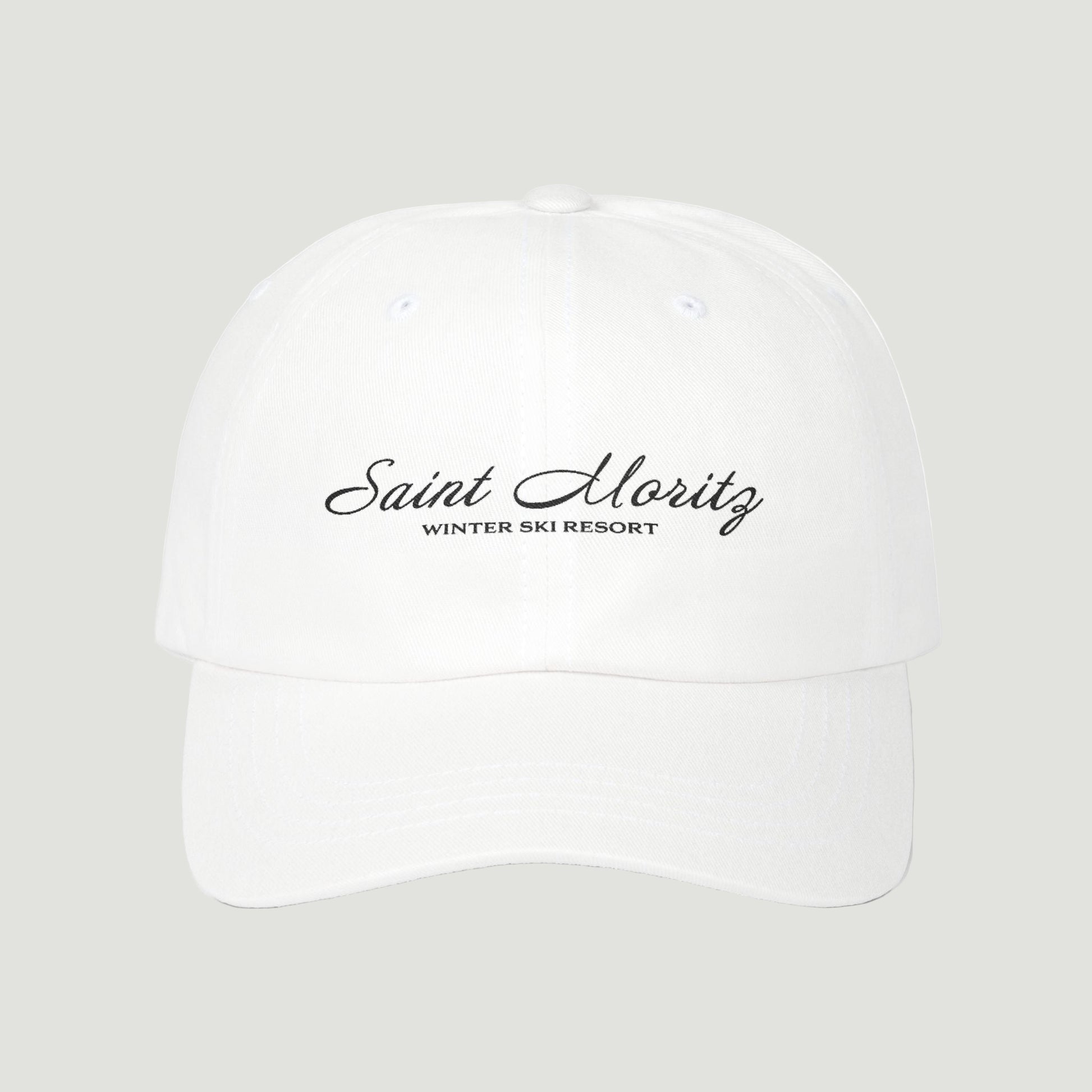 Front view of the eggshell white Vandox Alpine Summit Cap featuring embroidered "Saint Moritz Winter Ski Resort" text in elegant script. Hat Cap Baseball Cap Baseball Hat starboy hat old money hats vandox sacre vandox sacrevandox vandox clothing