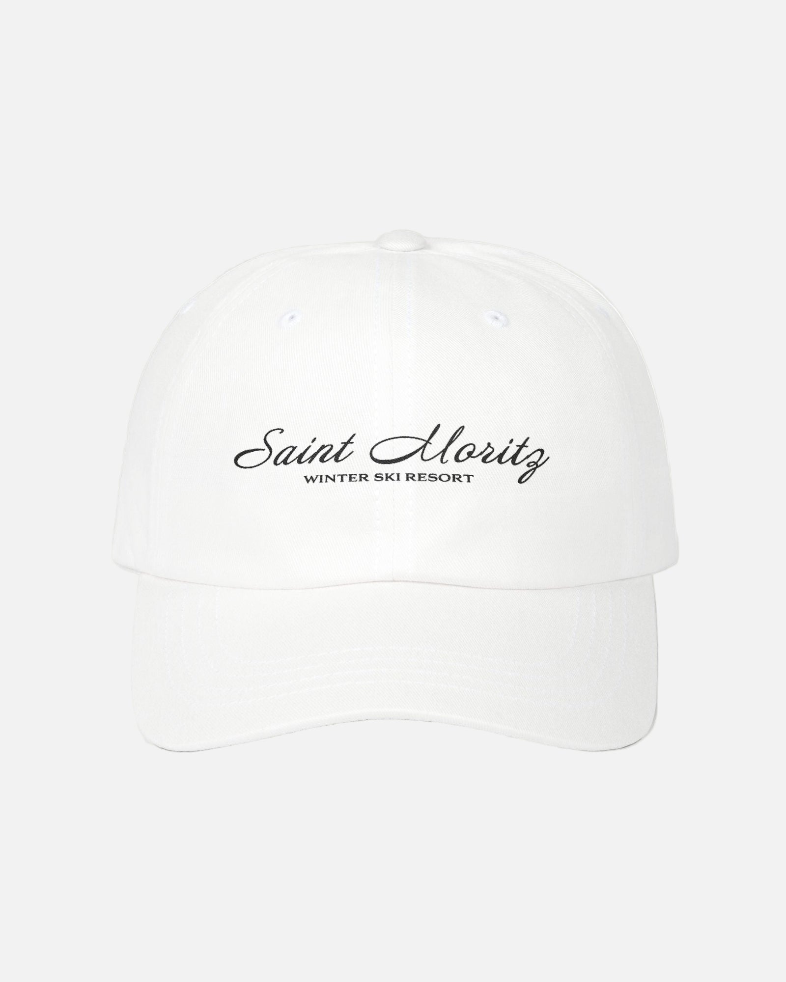 Front view of the eggshell white Vandox Alpine Summit Cap featuring embroidered "Saint Moritz Winter Ski Resort" text in elegant script. Hat Cap Baseball Cap Baseball Hat starboy hat old money hats vandox sacre vandox sacrevandox vandox clothing