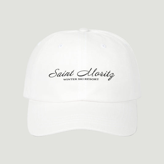 Front view of the eggshell white Vandox Alpine Summit Cap featuring embroidered "Saint Moritz Winter Ski Resort" text in elegant script. Hat Cap Baseball Cap Baseball Hat starboy hat old money hats vandox sacre vandox sacrevandox vandox clothing
