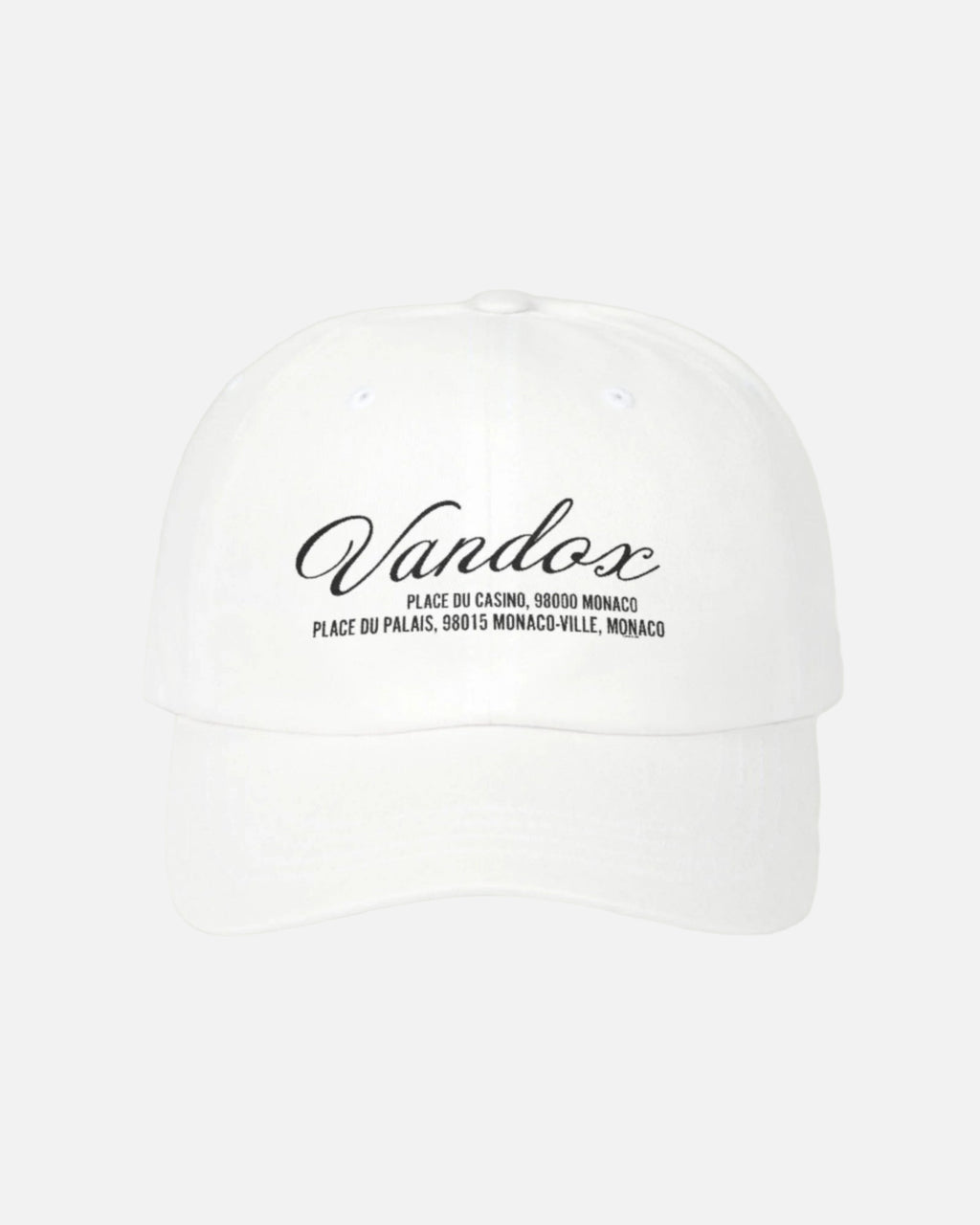 White Vandox cap featuring black embroidered script and Monaco location coordinates from the SS25 collection. Hat Cap Baseball Cap Baseball Hat starboy hat old money hats vandox sacre vandox sacrevandox vandox clothing vintage distressed baseball hat 