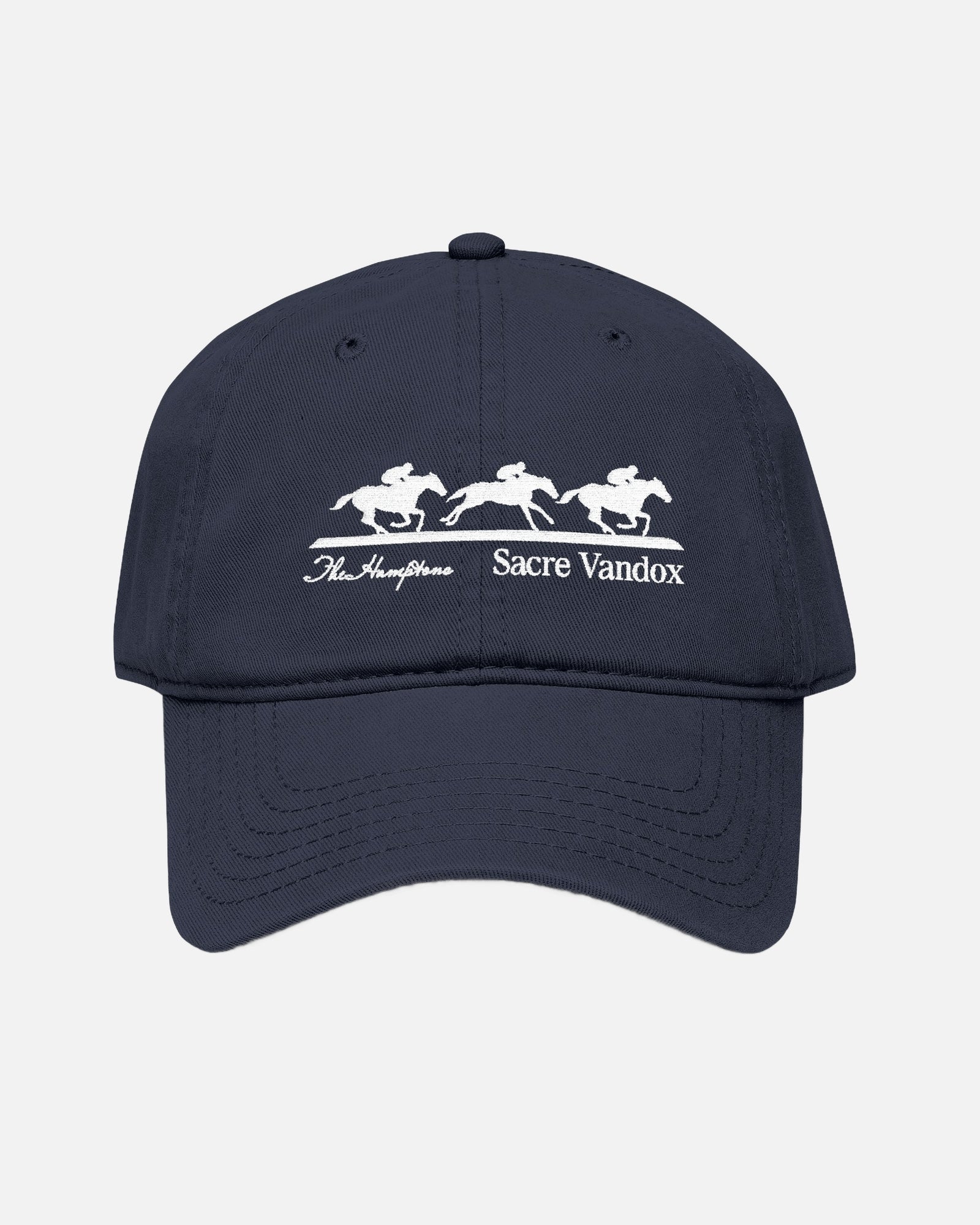 Front View of Deep Dark Blue Navy embroidered baseball cap with three horse racing jockeys graphic and The Hamptons Sacre Vandox text.
Hat Cap Baseball Cap Baseball Hat starboy hat old money hats vandox sacre vandox sacrevandox vandox clothing