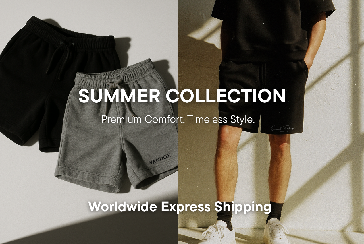 Side-by-side image of Vandox shorts: one half showing a flat lay of black and grey shorts, the other half featuring a model wearing the black "Saint Tropez" shorts, with summer collection promotional text overlaid.