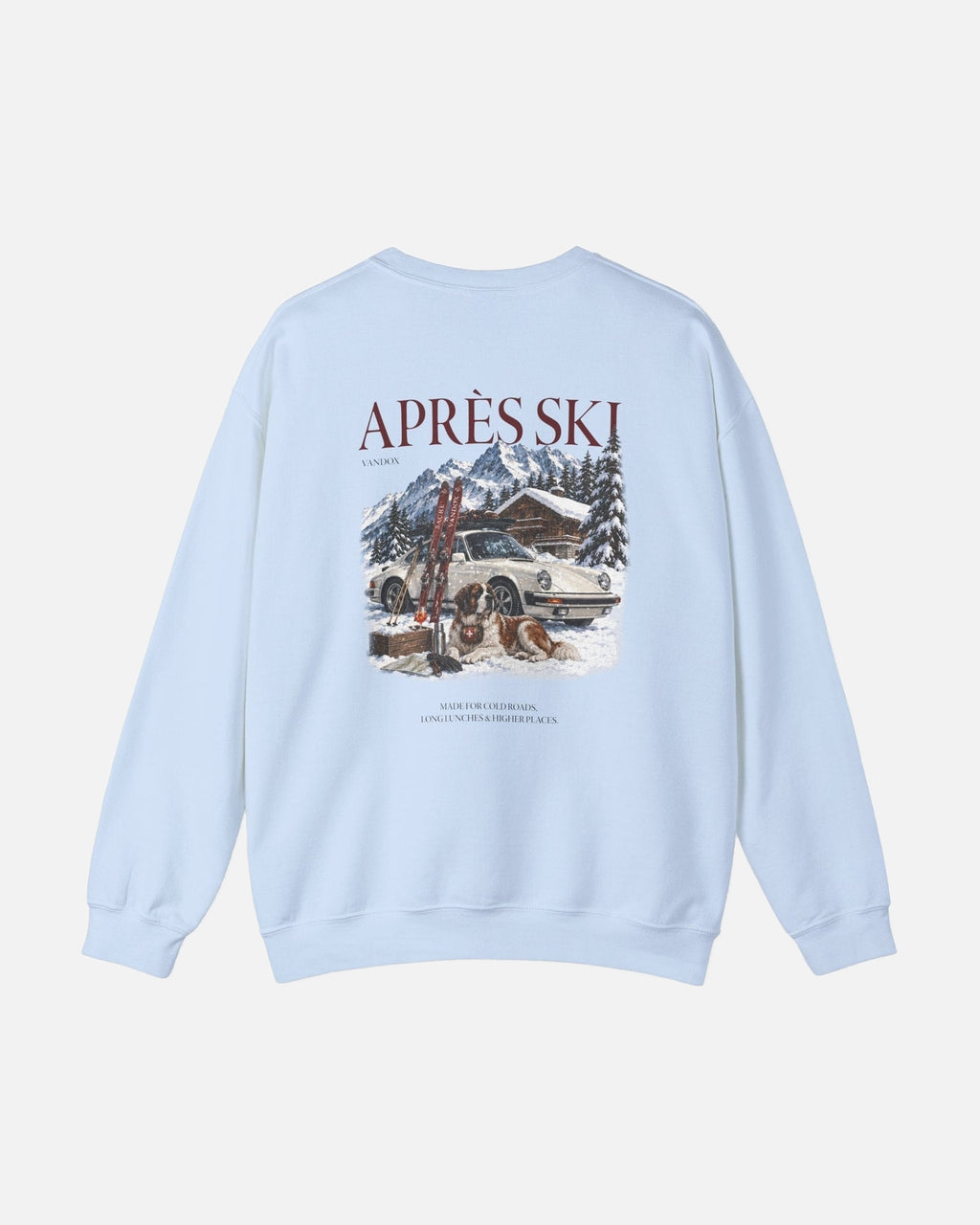 Light blue baby blue crewneck sweatshirt back view with Après Ski Vandox alpine scene featuring Porsche 911 Saint Bernard and mountain chalet graphic. Starboy old money hoodie sweatshirt clothes vandox sacrevandox vandox clothes vandox clothing crewneck autumn clothes no hood fall clothes 