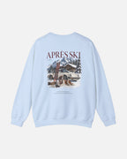 Light blue baby blue crewneck sweatshirt back view with Après Ski Vandox alpine scene featuring Porsche 911 Saint Bernard and mountain chalet graphic. Starboy old money hoodie sweatshirt clothes vandox sacrevandox vandox clothes vandox clothing crewneck autumn clothes no hood fall clothes 