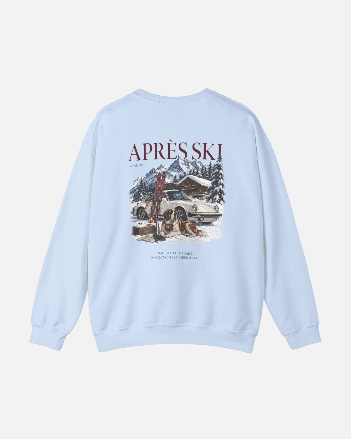 Light blue baby blue crewneck sweatshirt back view with Après Ski Vandox alpine scene featuring Porsche 911 Saint Bernard and mountain chalet graphic. Starboy old money hoodie sweatshirt clothes vandox sacrevandox vandox clothes vandox clothing crewneck autumn clothes no hood fall clothes 