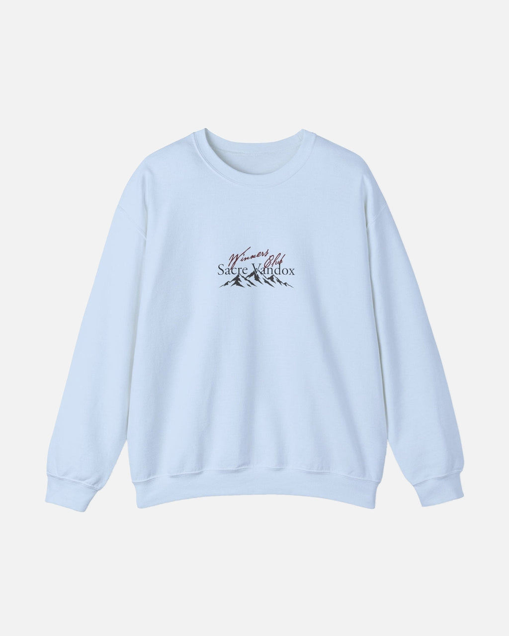 Light blue baby blue Vandox Apres Ski crewneck sweatshirt front view with Winners Club Sacre Vandox mountain range chest graphic. Starboy old money hoodie sweatshirt clothes vandox sacrevandox vandox clothes vandox clothing crewneck autumn clothes no hood fall clothes 