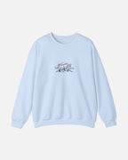 Light blue baby blue Vandox Apres Ski crewneck sweatshirt front view with Winners Club Sacre Vandox mountain range chest graphic. Starboy old money hoodie sweatshirt clothes vandox sacrevandox vandox clothes vandox clothing crewneck autumn clothes no hood fall clothes 