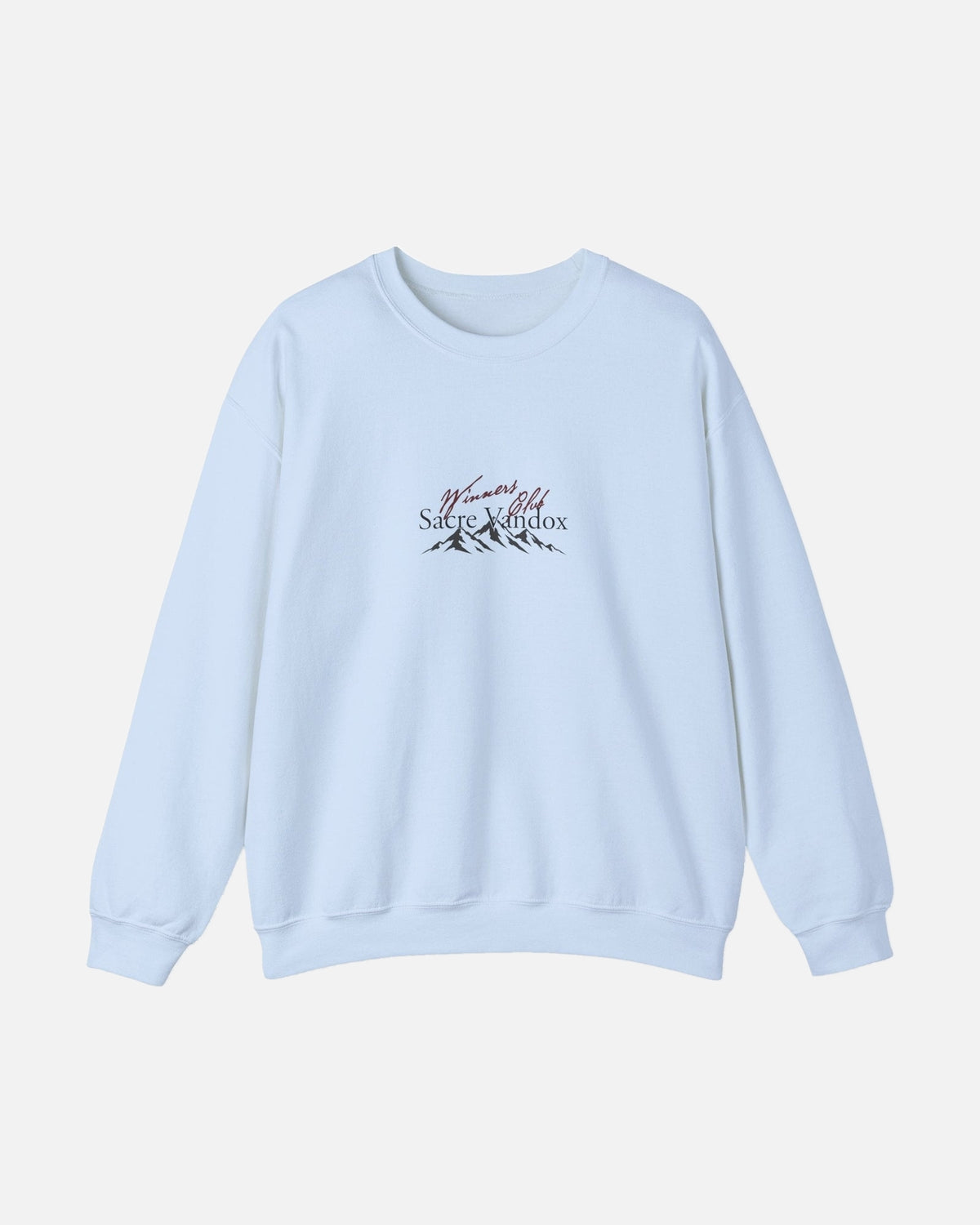 Light blue baby blue Vandox Apres Ski crewneck sweatshirt front view with Winners Club Sacre Vandox mountain range chest graphic. Starboy old money hoodie sweatshirt clothes vandox sacrevandox vandox clothes vandox clothing crewneck autumn clothes no hood fall clothes 