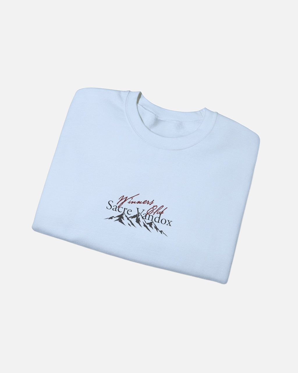 Light blue baby blue Vandox Apres Ski crewneck sweatshirt front folded view with Winners Club Sacre Vandox mountain range chest graphic. Starboy old money hoodie sweatshirt clothes vandox sacrevandox vandox clothes vandox clothing crewneck autumn clothes no hood fall clothes 