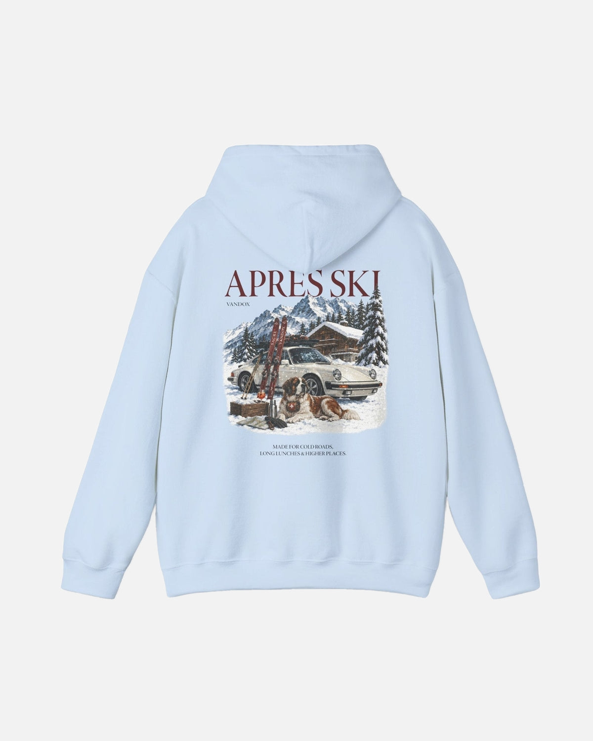 Light Blue baby blue Vandox Apres Ski hoodie back view with Après Ski Vandox alpine scene featuring Porsche 911 Saint Bernard and mountain chalet graphic. Starboy old money hoodie sweatshirt clothes vandox sacrevandox vandox clothes vandox clothing