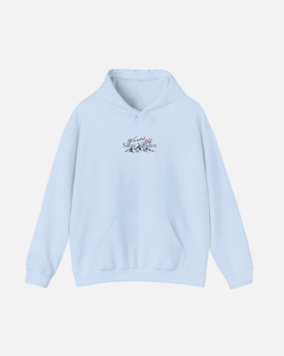 light blue baby blue Vandox Apres Ski hoodie front view with Winners Club Sacre Vandox mountain range chest graphic. Starboy old money hoodie sweatshirt clothes vandox sacrevandox vandox clothes vandox clothing
