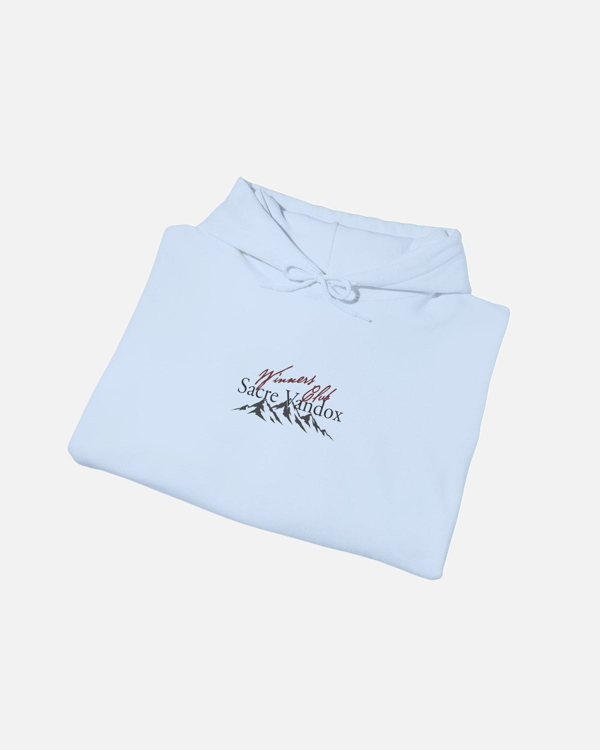 folded view of light blue baby blue Vandox Apres Ski hoodie front view with Winners Club Sacre Vandox mountain range chest graphic. Starboy old money hoodie sweatshirt clothes vandox sacrevandox vandox clothes vandox clothing