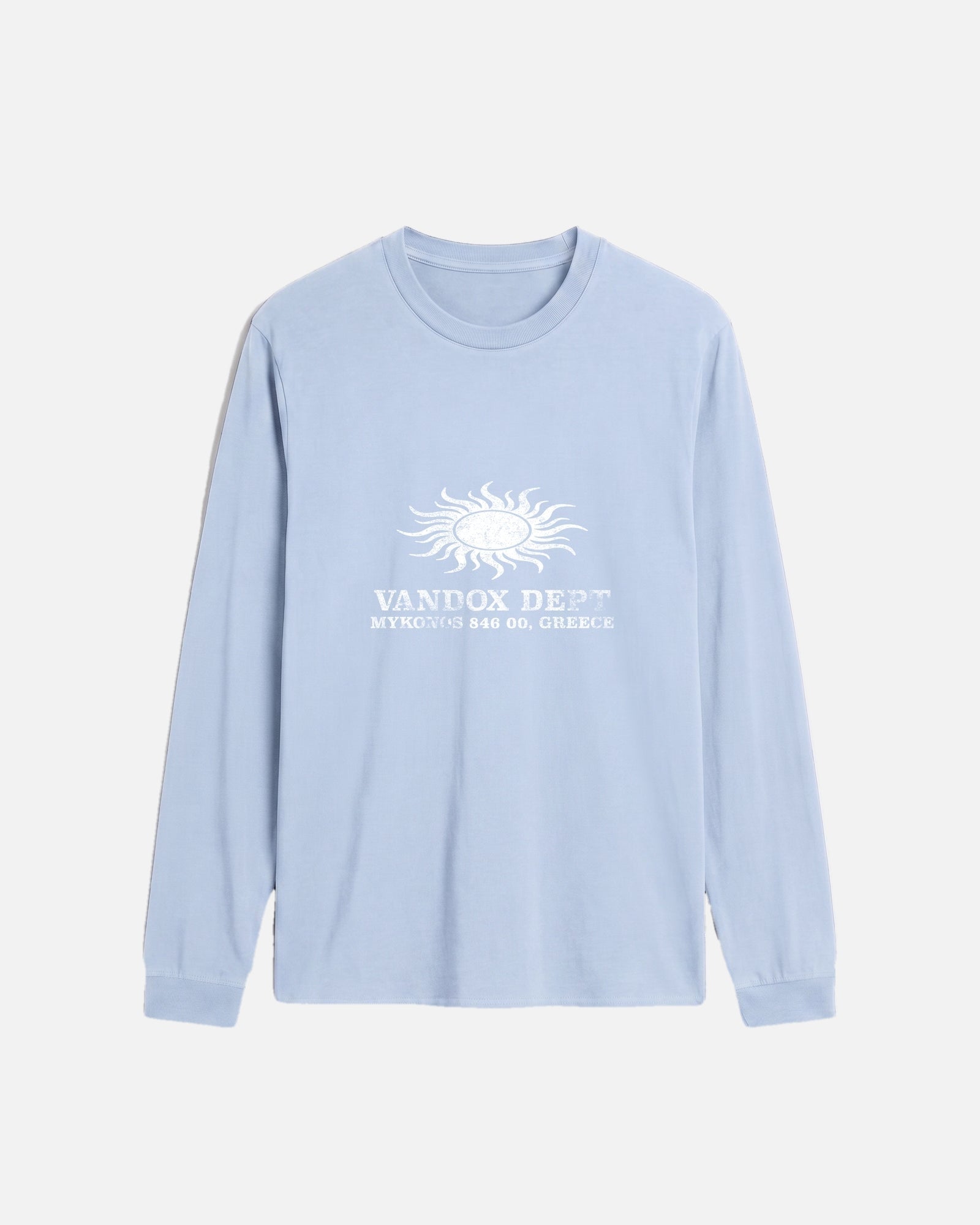 Light Blue Vandox Sun Dept long sleeve longsleeve t-shirt with distressed sun graphic and Vandox Dept Mykonos 846 00 Greece text. Starboy old money hoodie sweatshirt t-shirt long sleeve longsleeve clothes vandox sacrevandox vandox clothes vandox clothing