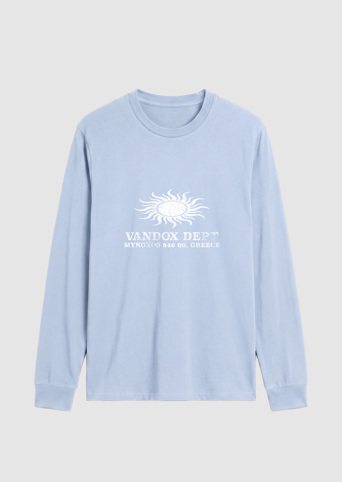 Light Blue Vandox Sun Dept long sleeve longsleeve t-shirt with distressed sun graphic and Vandox Dept Mykonos 846 00 Greece text. Starboy old money hoodie sweatshirt t-shirt long sleeve longsleeve clothes vandox sacrevandox vandox clothes vandox clothing