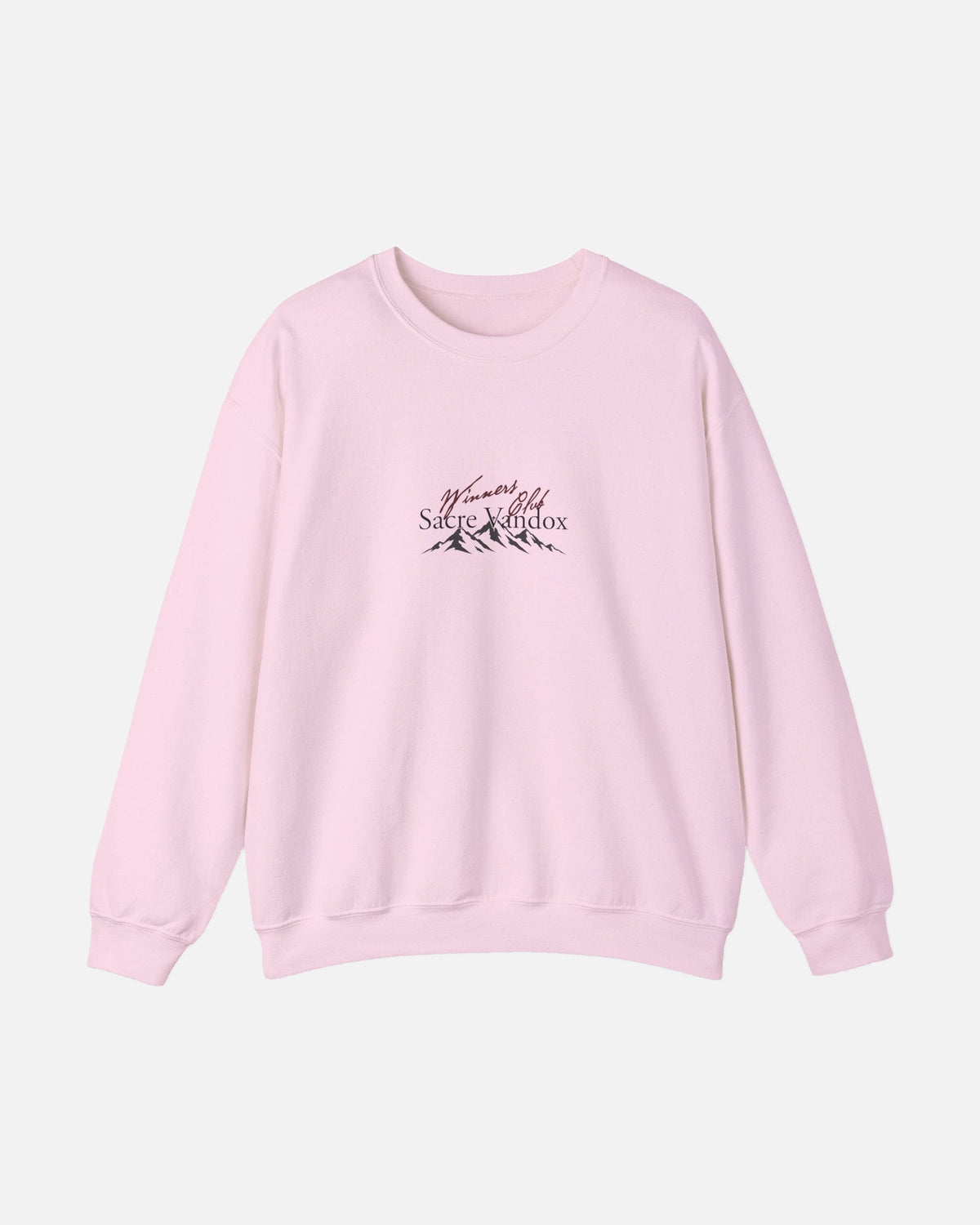Light Pink Vandox Apres Ski crewneck sweatshirt front view with Winners Club Sacre Vandox mountain range chest graphic. Starboy old money hoodie sweatshirt clothes vandox sacrevandox vandox clothes vandox clothing crewneck autumn clothes no hood fall clothes 