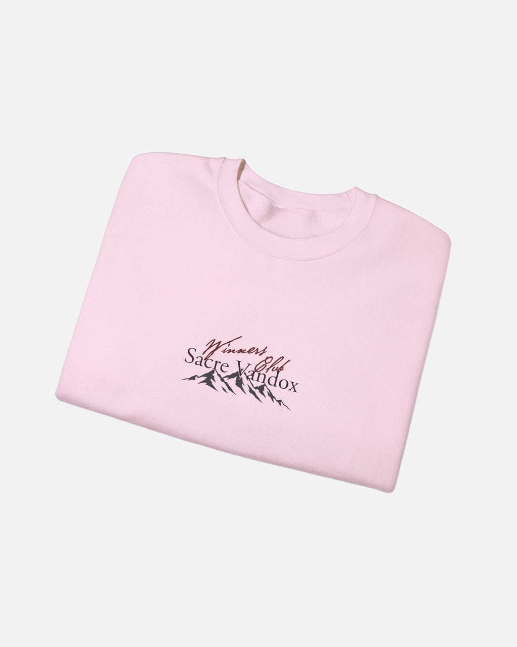 Light Pink Vandox Apres Ski crewneck sweatshirt front folded view with Winners Club Sacre Vandox mountain range chest graphic. Starboy old money hoodie sweatshirt clothes vandox sacrevandox vandox clothes vandox clothing crewneck autumn clothes no hood fall clothes 