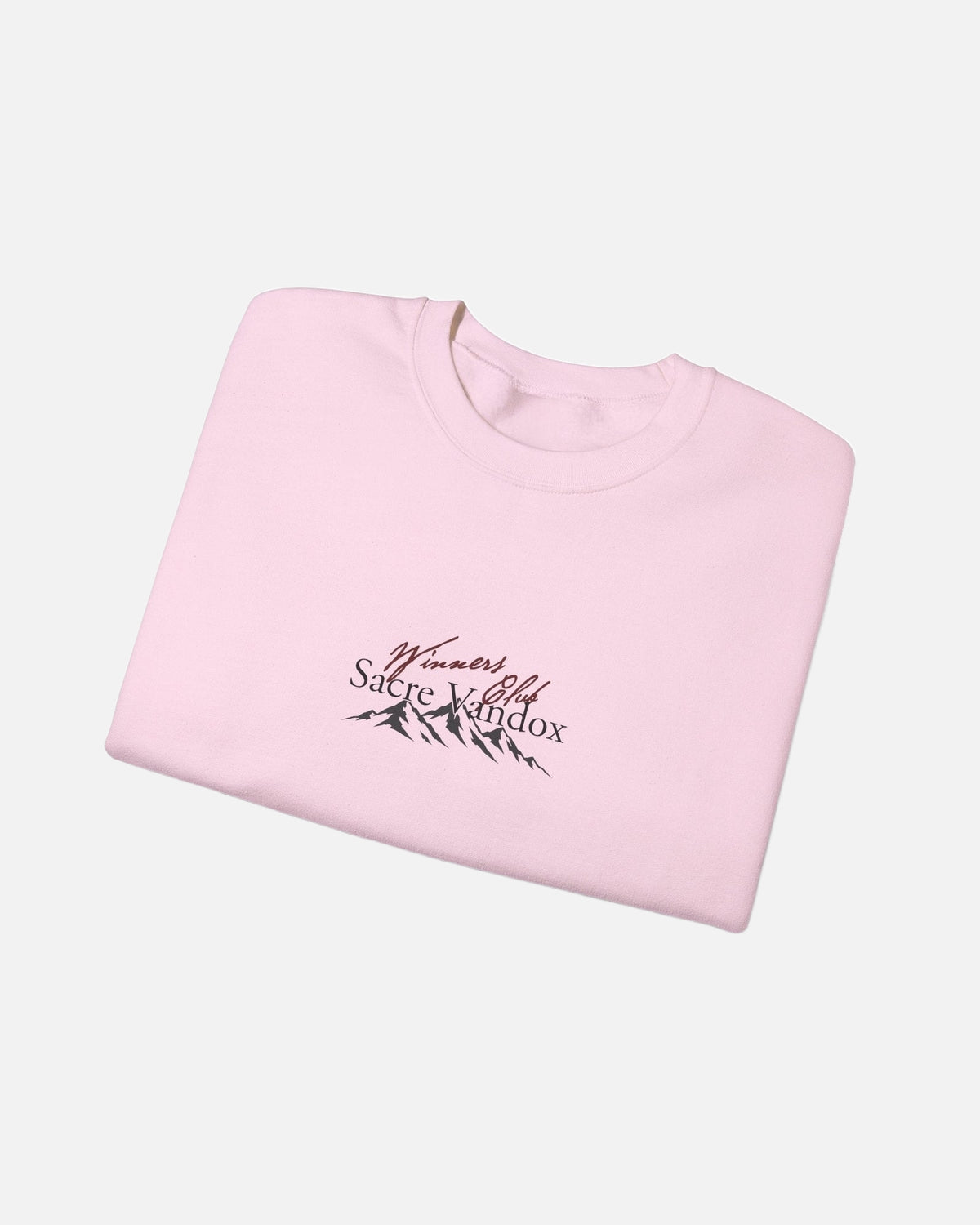 Light Pink Vandox Apres Ski crewneck sweatshirt front folded view with Winners Club Sacre Vandox mountain range chest graphic. Starboy old money hoodie sweatshirt clothes vandox sacrevandox vandox clothes vandox clothing crewneck autumn clothes no hood fall clothes 