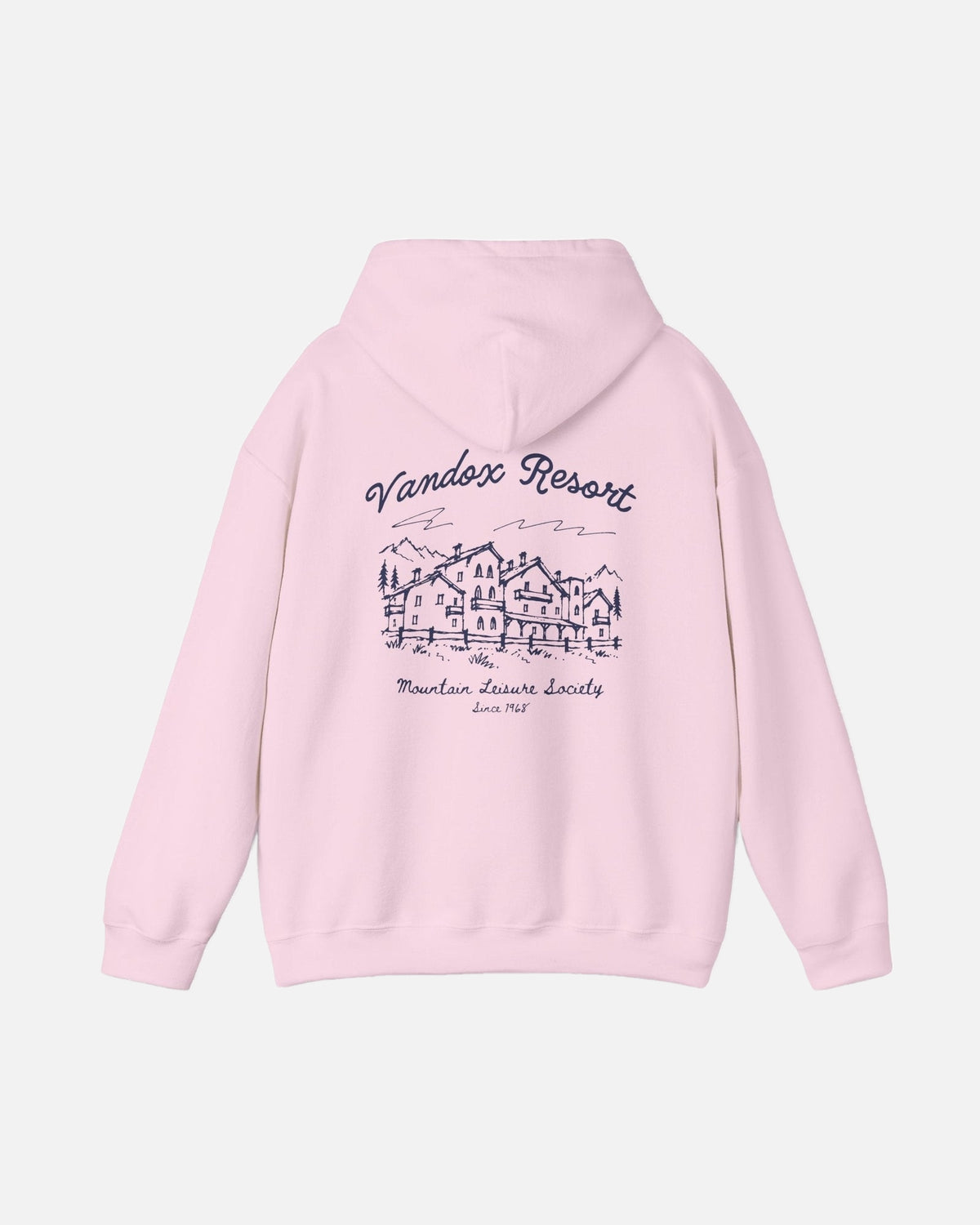 Light Pink Vandox Resort hoodie back view with hand-drawn alpine resort hotel sketch and Vandox Resort Mountain Leisure Society Since 1968 text. Starboy old money hoodie sweatshirt clothes vandox sacrevandox vandox clothes vandox clothing