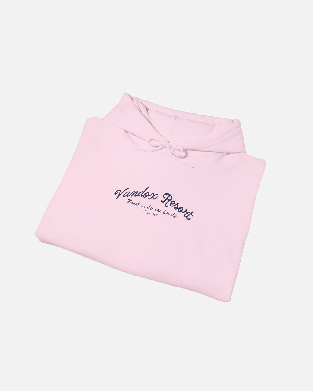 folded view of light pink Vandox Resort hoodie with Vandox Resort Mountain Leisure Society script chest graphic. Starboy old money hoodie sweatshirt clothes vandox sacrevandox vandox clothes vandox clothing
