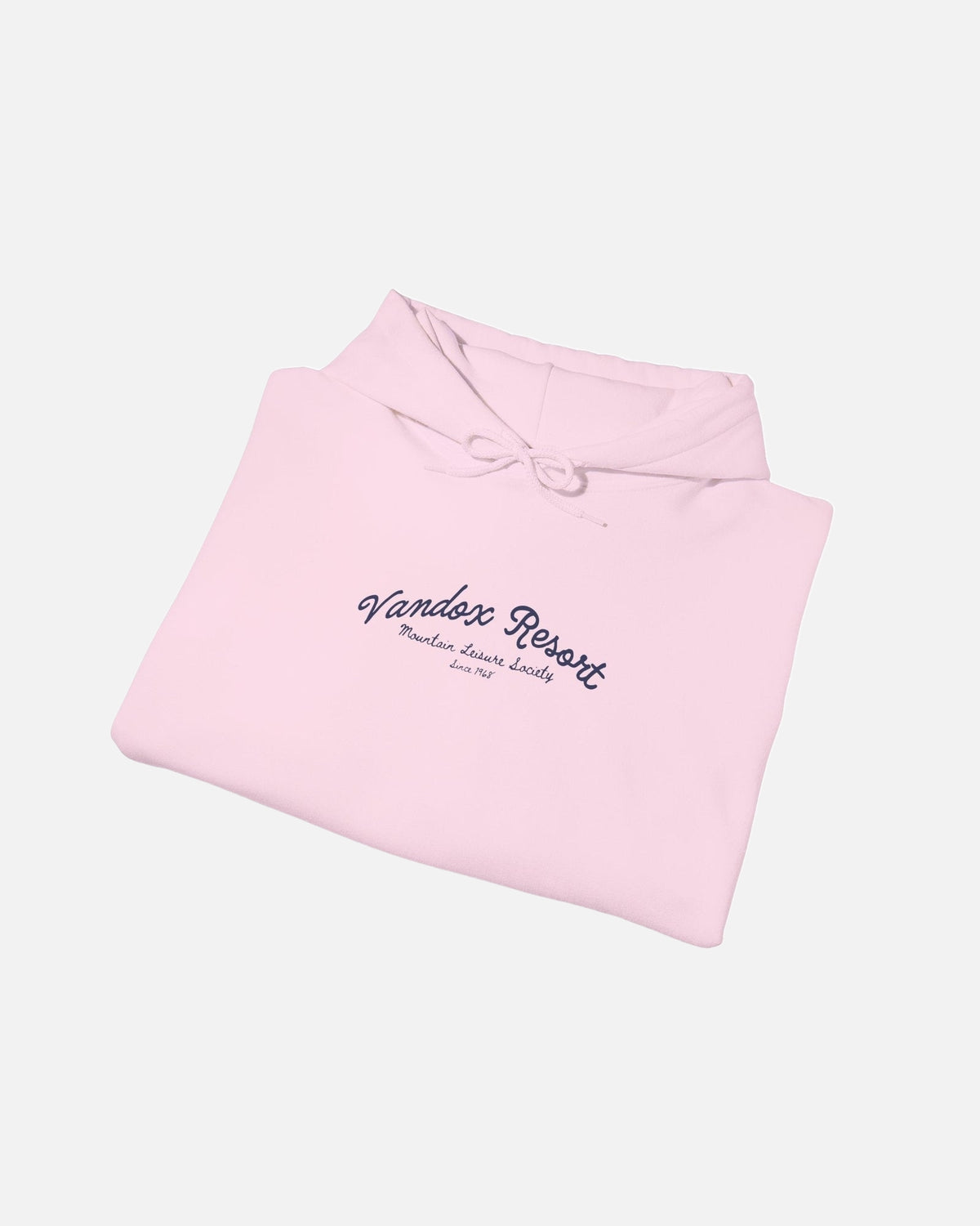 folded view of light pink Vandox Resort hoodie with Vandox Resort Mountain Leisure Society script chest graphic. Starboy old money hoodie sweatshirt clothes vandox sacrevandox vandox clothes vandox clothing