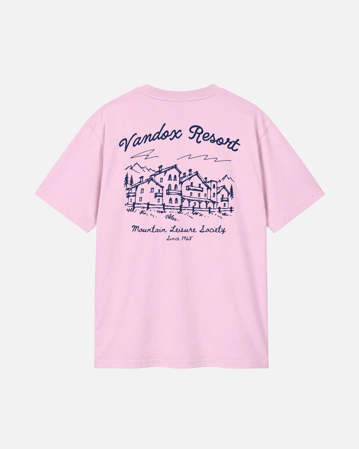 Light Pink Vandox Resort t-shirt back view with hand-drawn alpine resort hotel sketch and Vandox Resort Mountain Leisure Society Since 1968 text. Starboy old money shirt tshirt clothes vandox sacrevandox vandox clothes vandox clothing