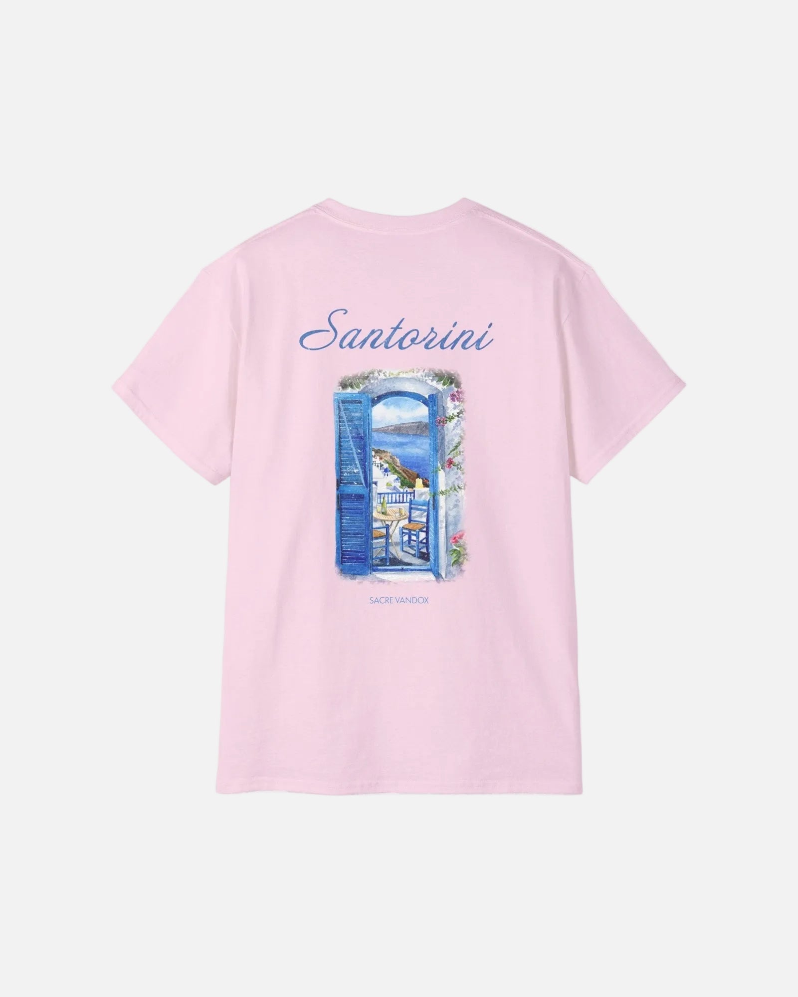 Light Pink Vandox Santorini Tee back view – light pink premium cotton t-shirt featuring Santorini watercolour doorway and Aegean view graphic by Sacre Vandox, Postcards collection. Starboy old money shirt tshirt clothes vandox sacrevandox vandox clothes vandox clothing