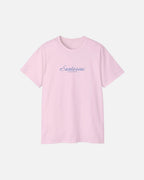 Light Pink Vandox Santorini Tee front view – light pink premium cotton t-shirt with Santorini script and Sacre Vandox lettering, Postcards collection. Starboy old money shirt tshirt clothes vandox sacrevandox vandox clothes vandox clothing