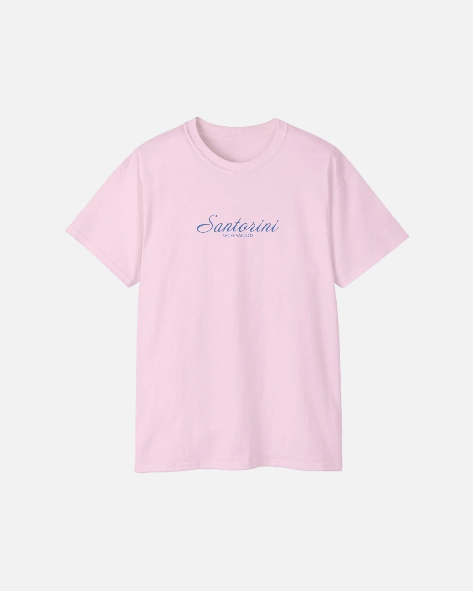 Light Pink Vandox Santorini Tee front view – light pink premium cotton t-shirt with Santorini script and Sacre Vandox lettering, Postcards collection. Starboy old money shirt tshirt clothes vandox sacrevandox vandox clothes vandox clothing