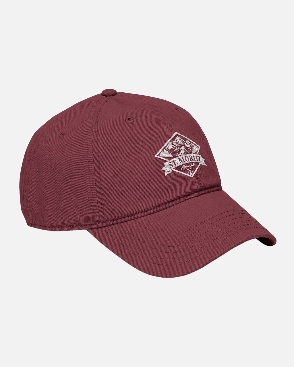 45 angle Front View of Maroon Red Vandox alpine Club washed baseball cap with White printed St. Moritz Alpine Club diamond mountain crest graphic. Hat Cap Baseball Cap Baseball Hat starboy hat old money hats vandox sacre vandox sacrevandox vandox clothing