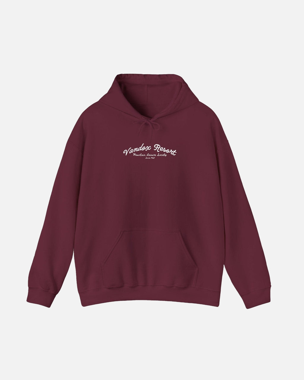 maroon red dark red Vandox Resort hoodie with Vandox Resort Mountain Leisure Society script chest graphic. Starboy old money hoodie sweatshirt clothes vandox sacrevandox vandox clothes vandox clothing